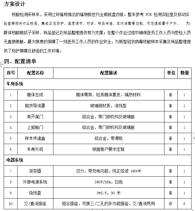 福特V362核酸检测采样车厂家配置资料